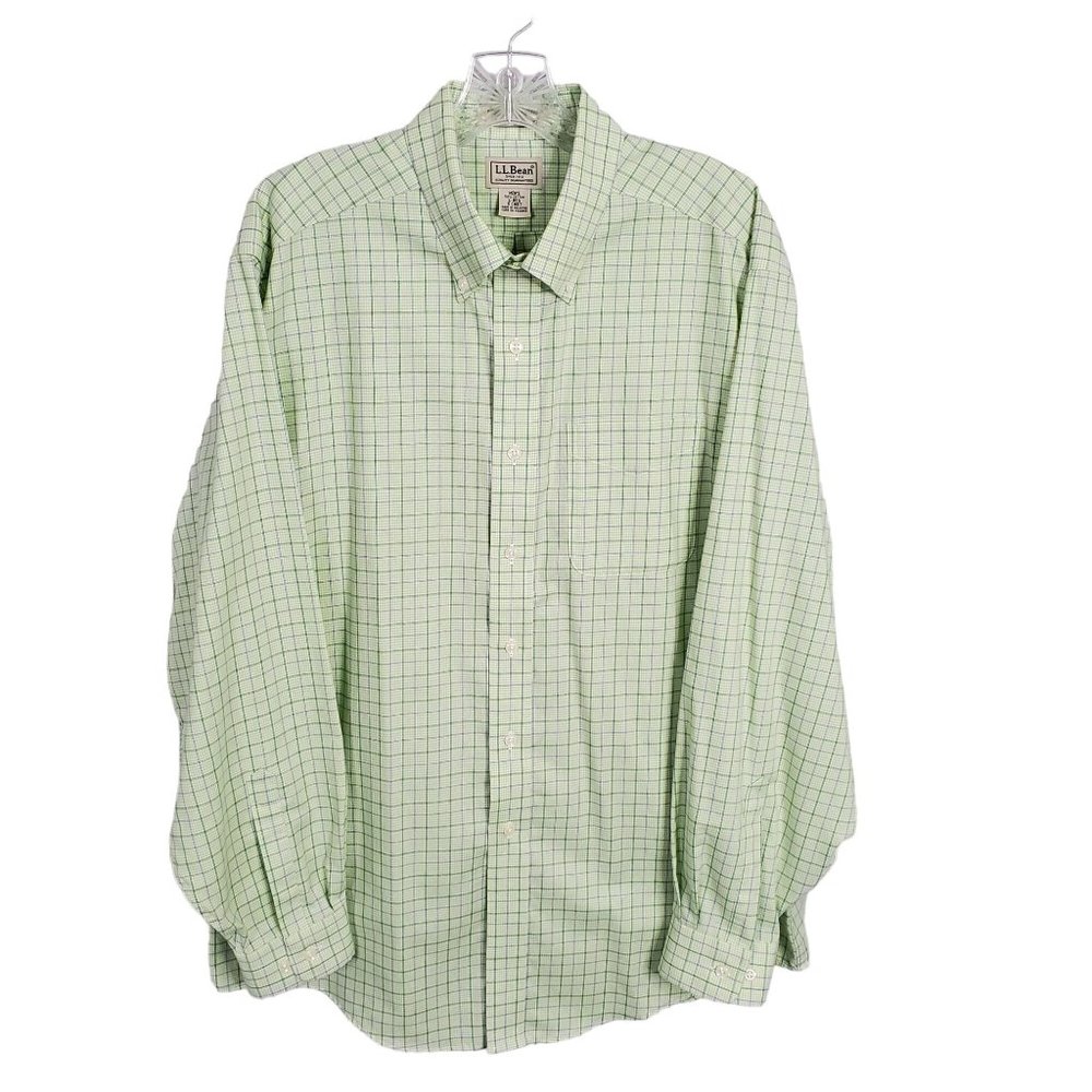 LL Bean Mens Sz L Shirt Wrinkle Resistant Button Down Collar Cotton Plaid Green